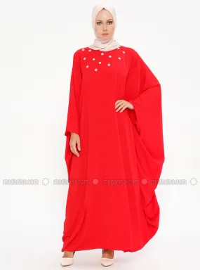 Red - Unlined - Crew neck - Abaya