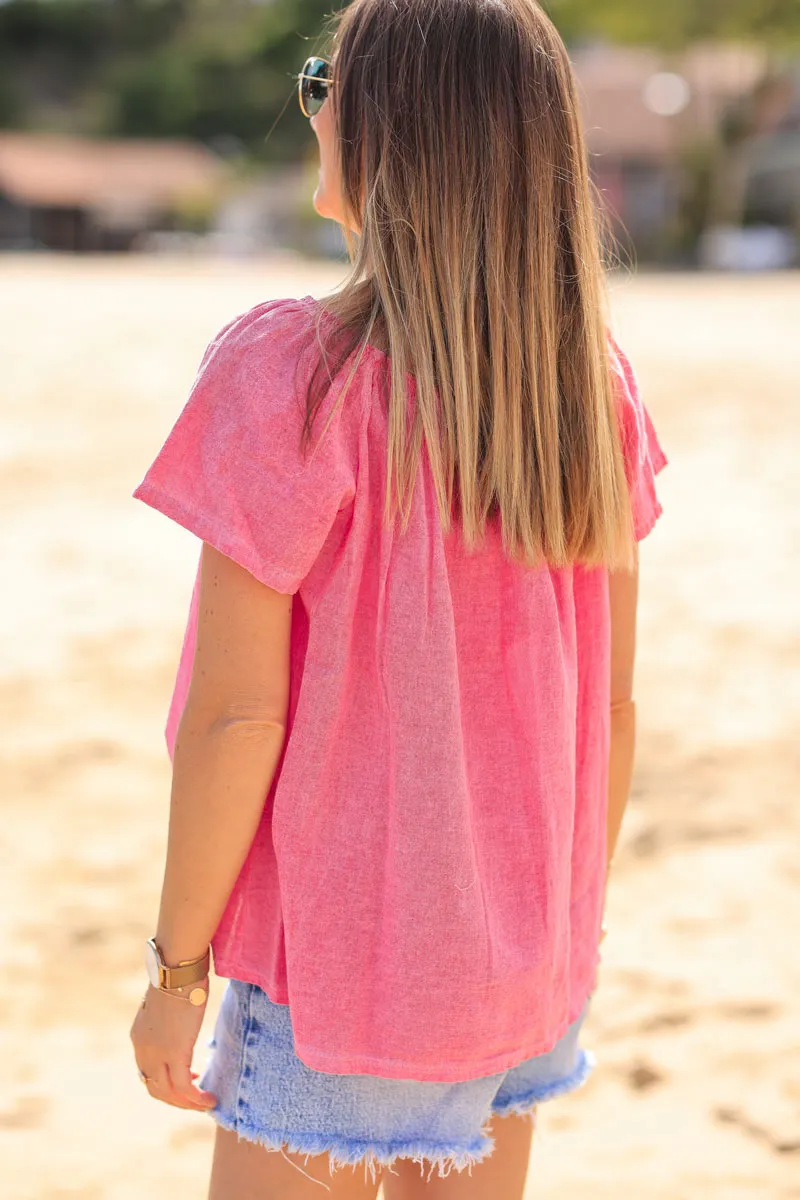 Top fuchsia délavé en coton col élastique rond ou bardot